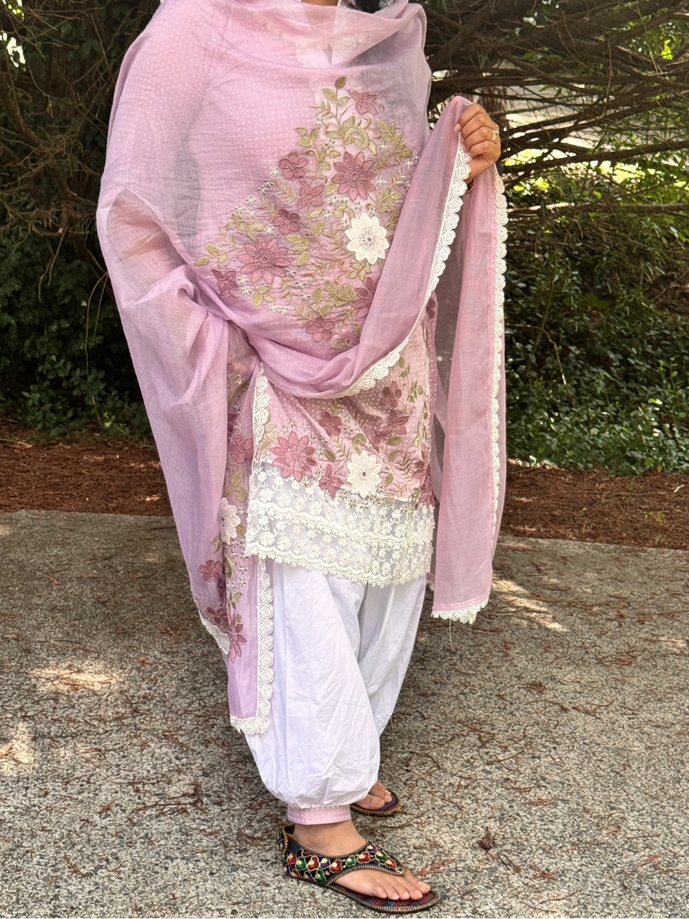 Lavender Floral Embroidered Salwar with Dupatta - Women's Capris Set